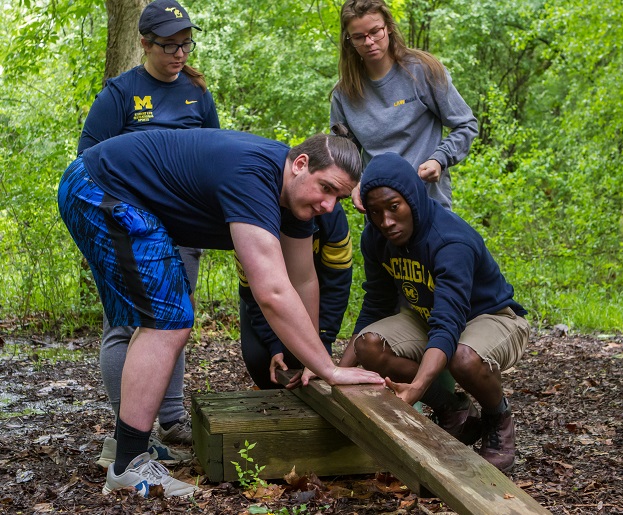 Four people work together on a wooden beam in a forest.
