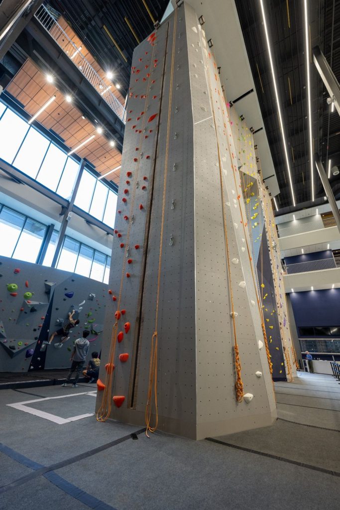 Tall indoor climbing walls with red climbing holds and hanging ropes, with climbers in the background
