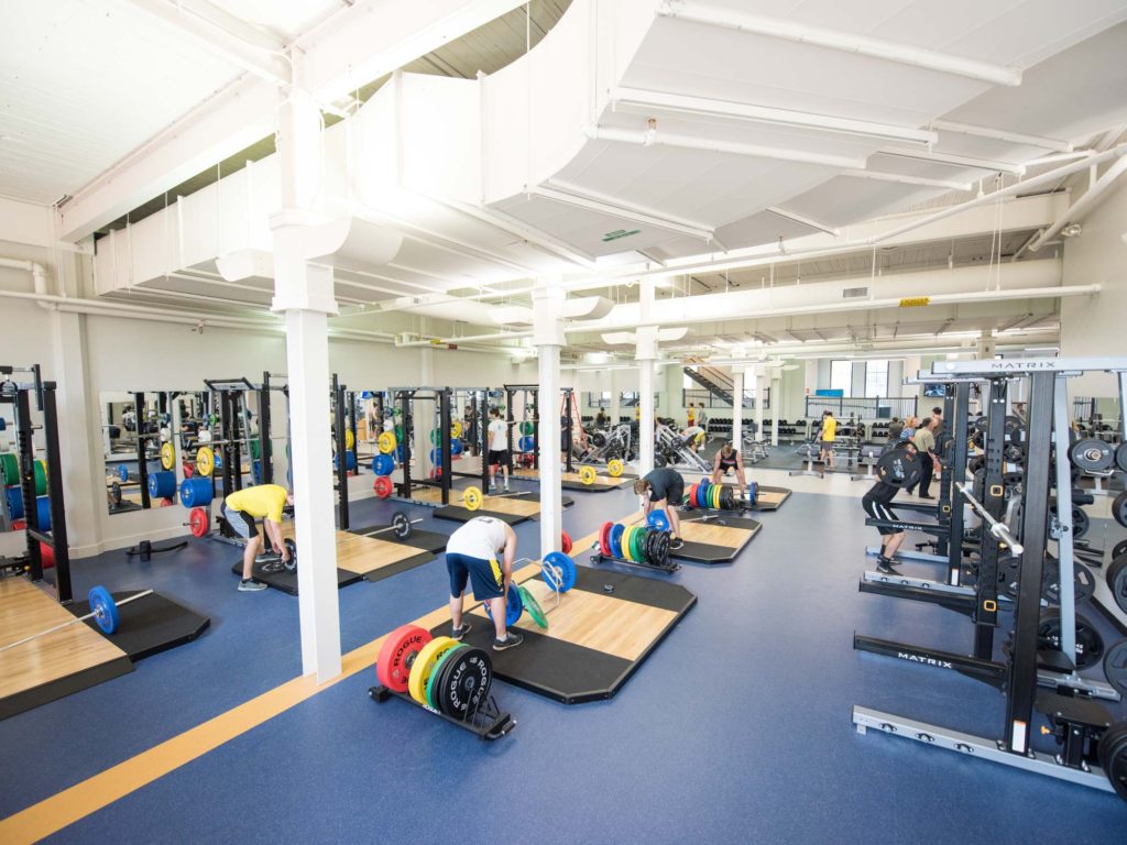 Weightlifting area featuring multiple squat racks, platforms, benches, and colorful weight plates. Several individuals are preparing for or performing lifts.