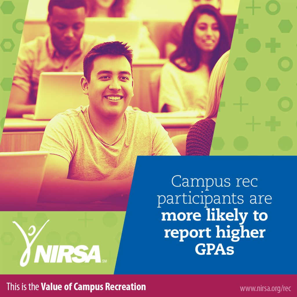 Student sits at a desk in a classroom, other students behind. Green color overlay, NIRSA logo, quote about higher GPAs from campus rec participation.