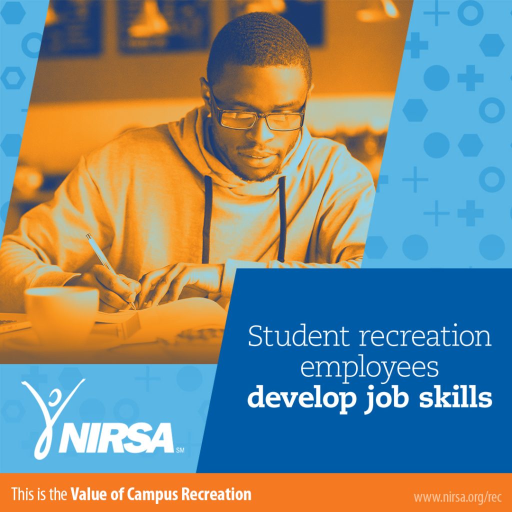 Individual student writing at a desk with papers and mug. Orange color overlay with NIRSA logo and quote about developing job skills