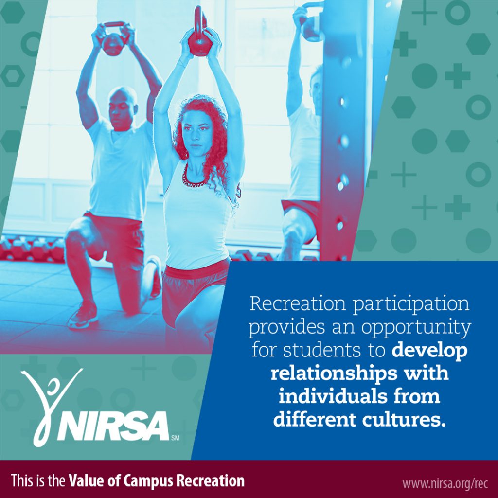 itness class indoors, participants performing lunge exercises with arms raised. Blue color overlay, NIRSA logo, quote on developing relationships across cultures