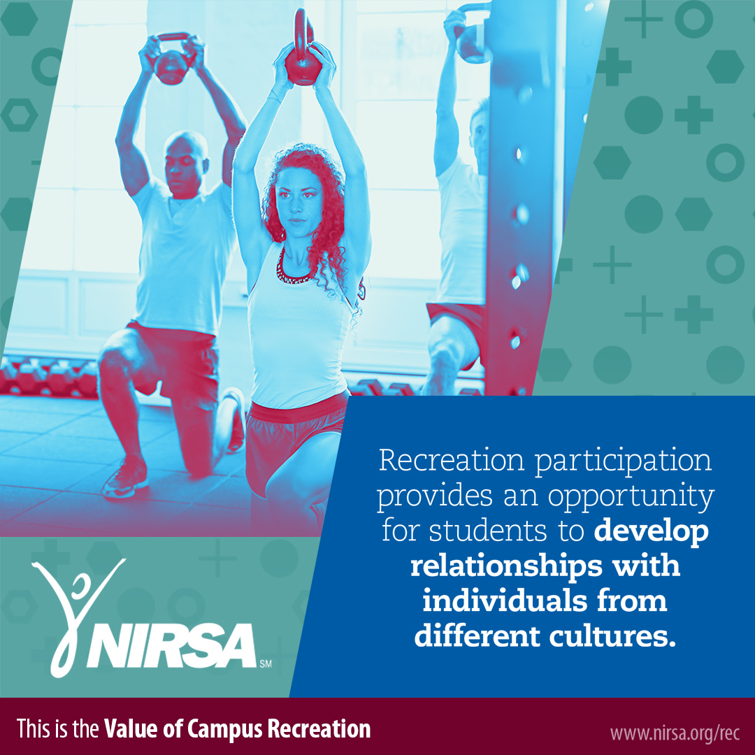 itness class indoors, participants performing lunge exercises with arms raised. Blue color overlay, NIRSA logo, quote on developing relationships across cultures