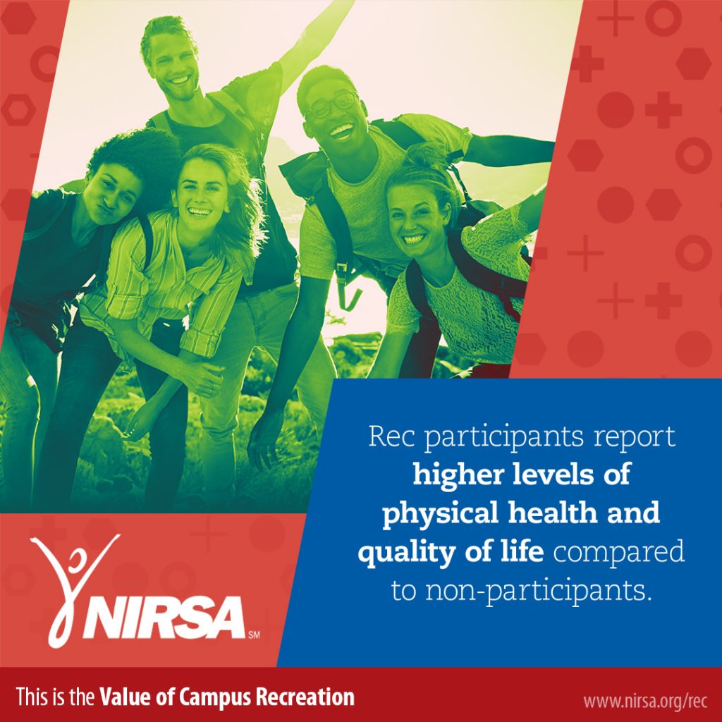 Group of smiling students outdoors, NIRSA logo, health and quality of life quote.