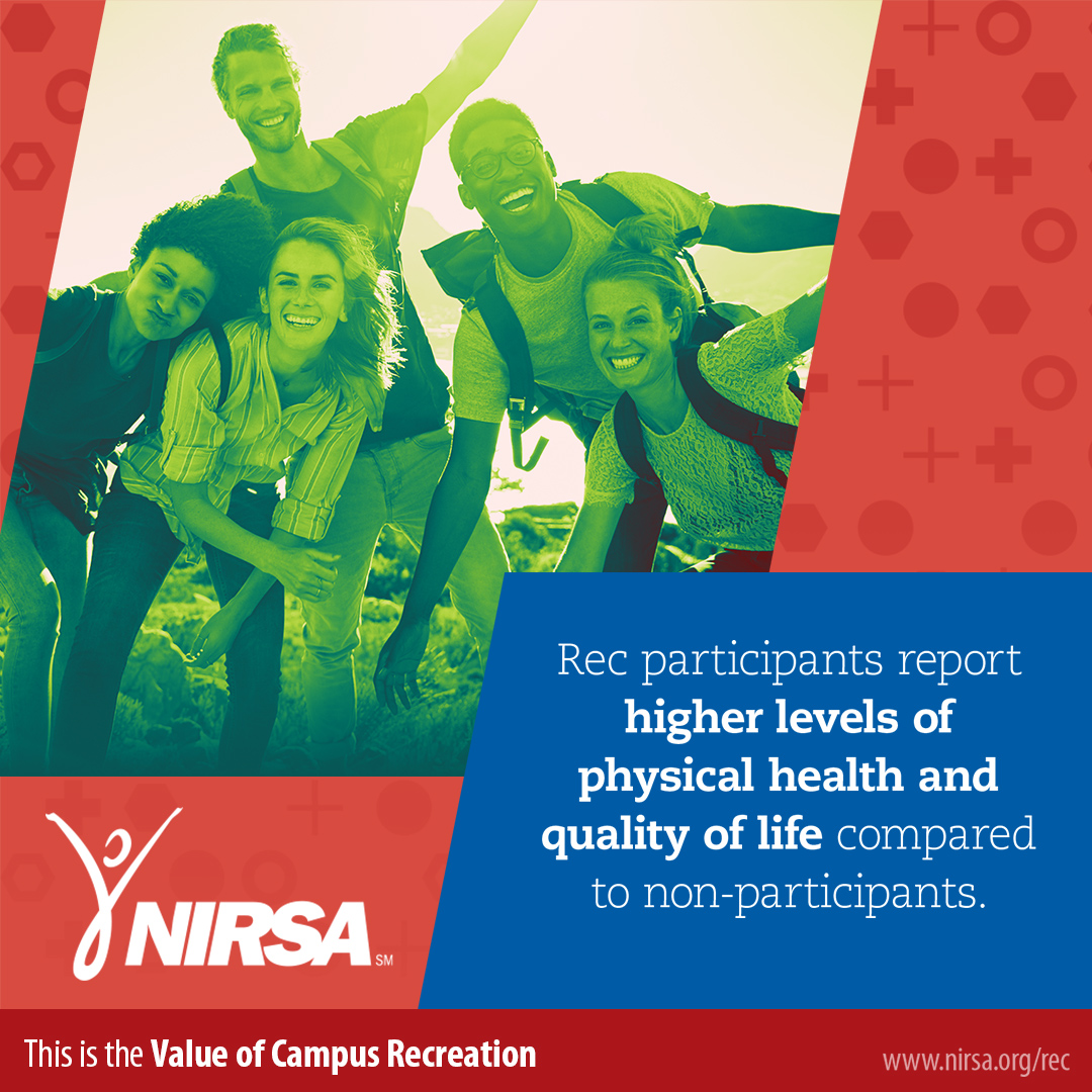 Group of smiling students outdoors, NIRSA logo, health and quality of life quote.