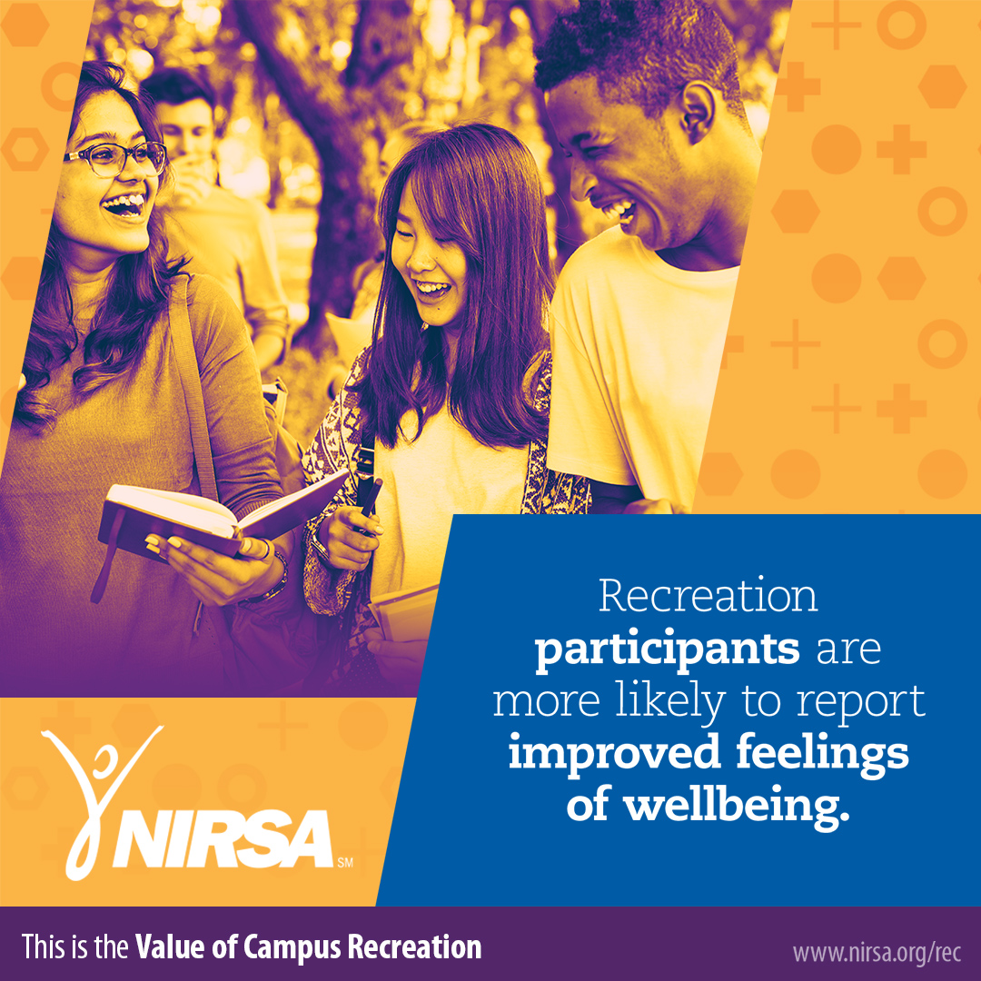 Group of students outside holding books, NIRSA logo, wellbeing quote.