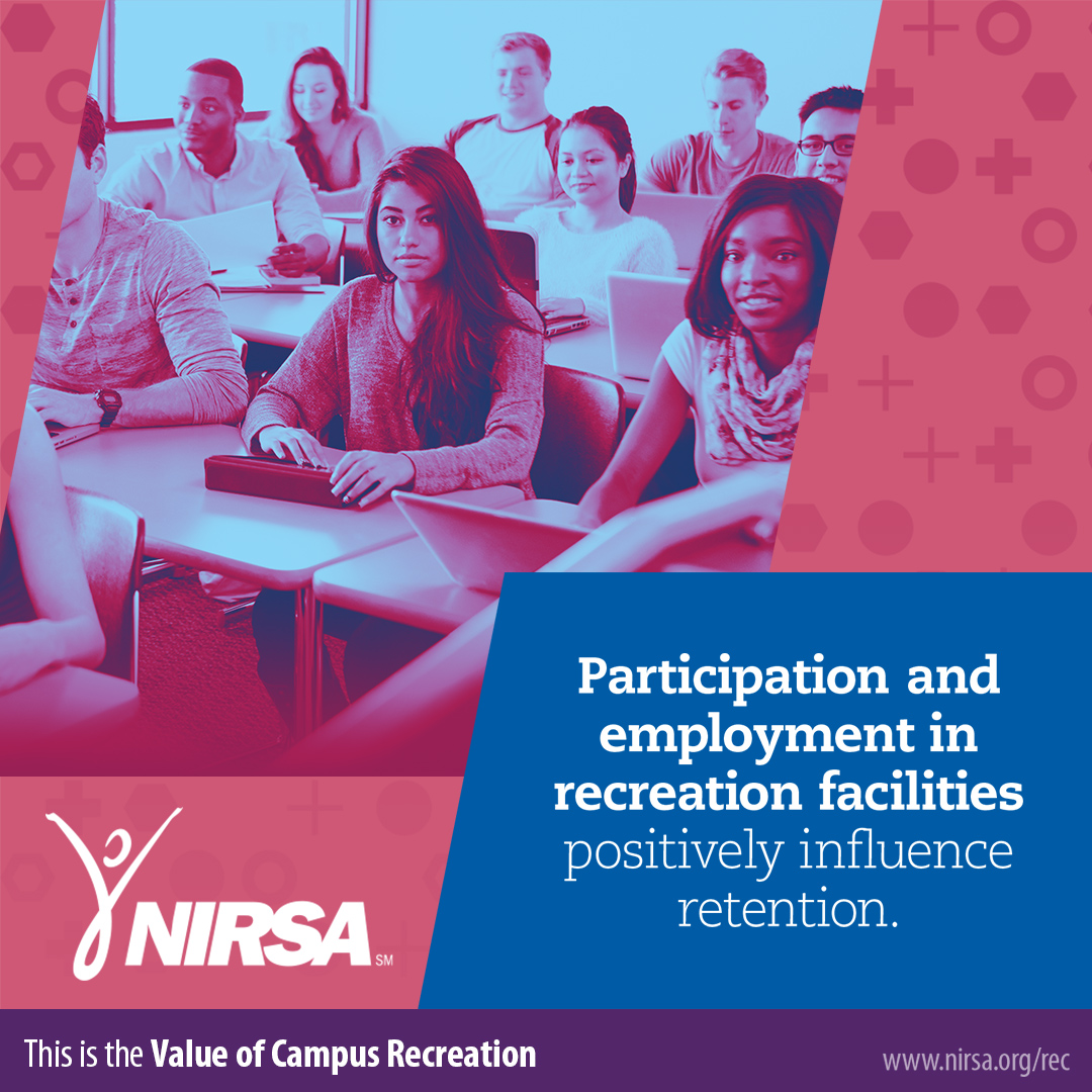 Classroom of students taking notes, NIRSA logo, retention quote.