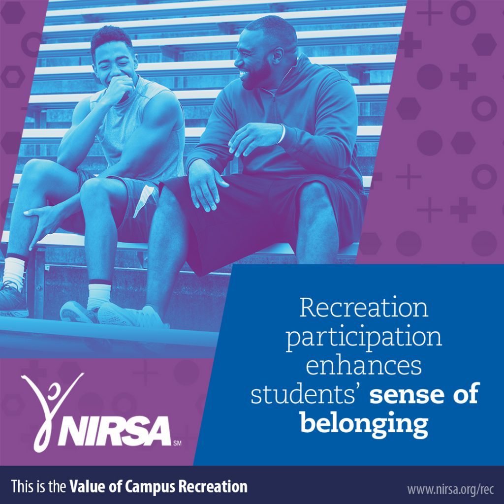 Two students talking on bleachers, NIRSA logo, belonging quote.